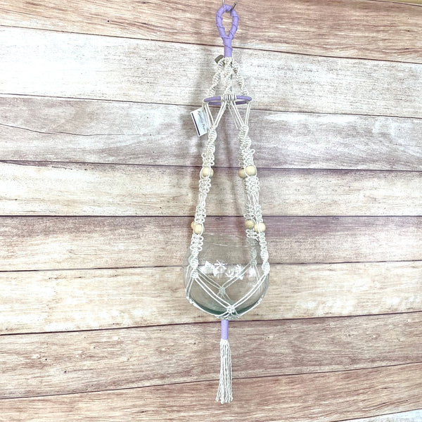 twist and loop design handmade macrame plant hanger with lavender and 4" ring