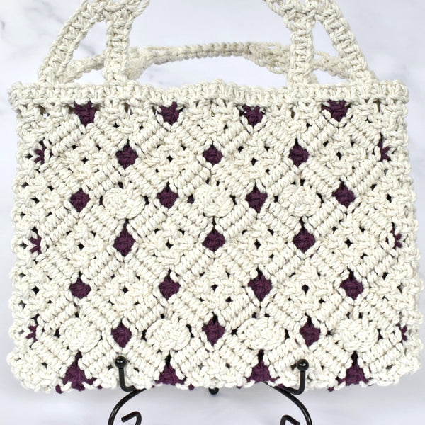 handmade macrame handbag intricate diamond pattern deep purple accent fully lined