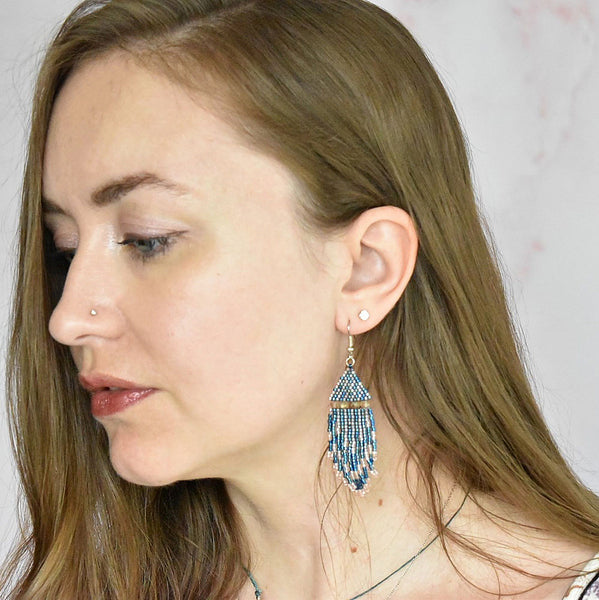 Blue and pink beaded chevron earrings with swarovski crystal beads