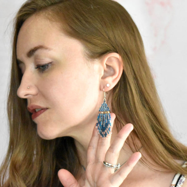 Blue and pink beaded chevron earrings with swarovski crystal beads