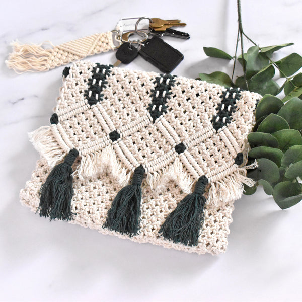 satin lined macrame clutch bag hunter green accent magnetic snap