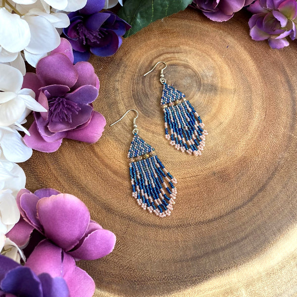 Blue and pink beaded chevron earrings with swarovski crystal beads