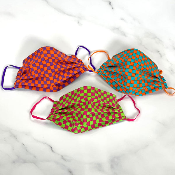 Cotton adult face masks checker neon