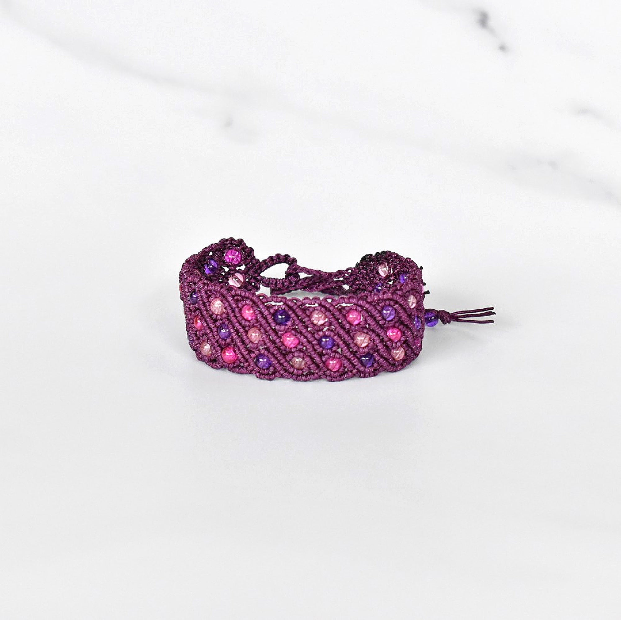 Deep plum swirl design micro macrame bracelet with cracked glass beads