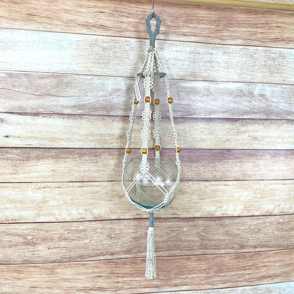 heather grey and natural handmade macrame plant hanger with 4" ring