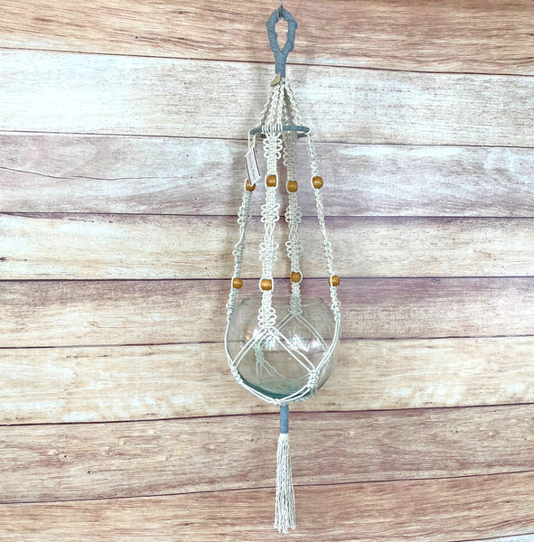 heather grey and natural handmade macrame plant hanger with 4" ring