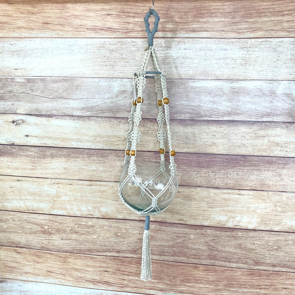 heather grey and natural handmade macrame plant hanger with 4" ring