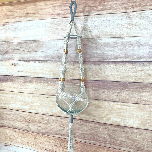 heather grey and natural handmade macrame plant hanger with 4" ring