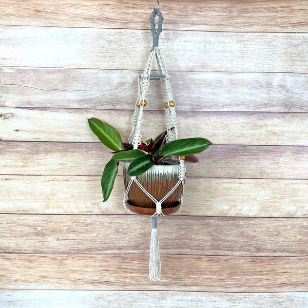 heather grey and natural handmade macrame plant hanger with 4" ring