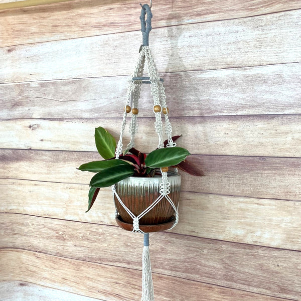 heather grey and natural handmade macrame plant hanger with 4" ring