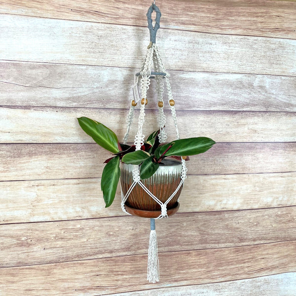 heather grey and natural handmade macrame plant hanger with 4" ring