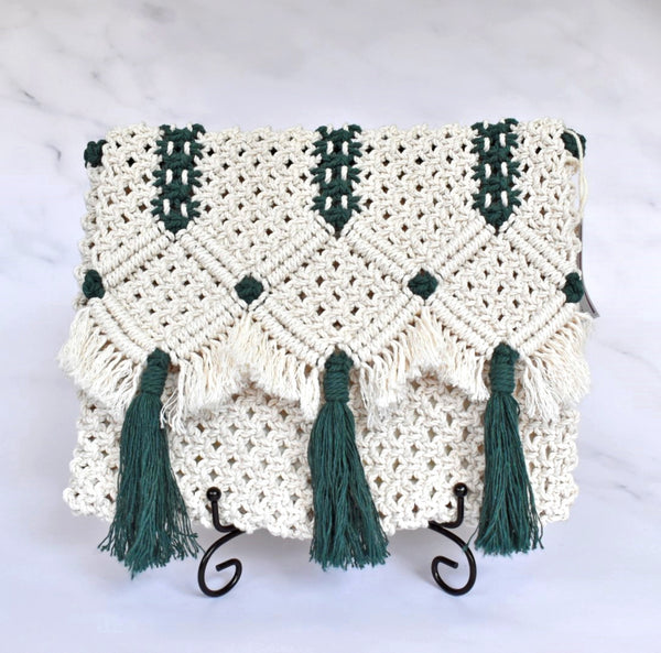 satin lined macrame clutch bag hunter green accent magnetic snap