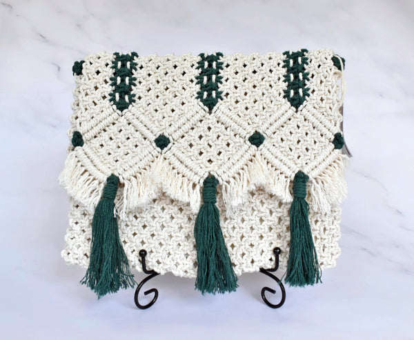 satin lined macrame clutch bag hunter green accent magnetic snap