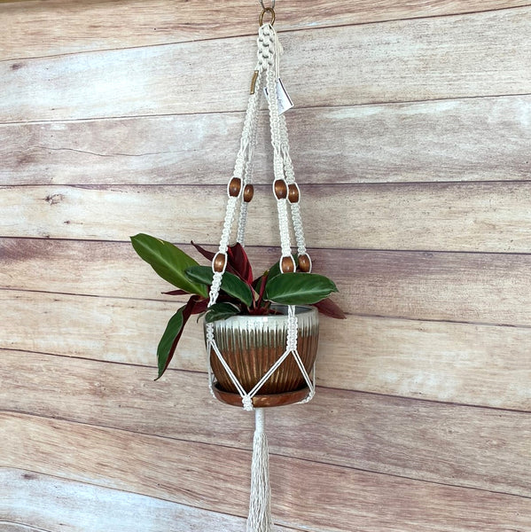 crown knot handmade plant hanger with large wood beads