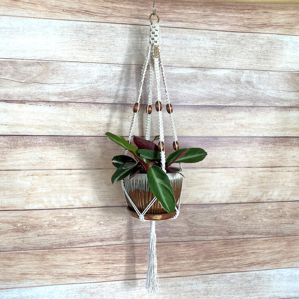 crown knot handmade plant hanger with large wood beads