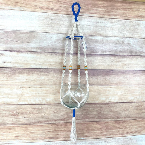 handmade plant hanger with tier ring, cobalt accents, and vintage wood beads