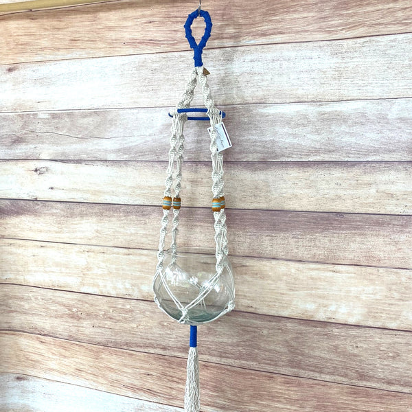 handmade plant hanger with tier ring, cobalt accents, and vintage wood beads