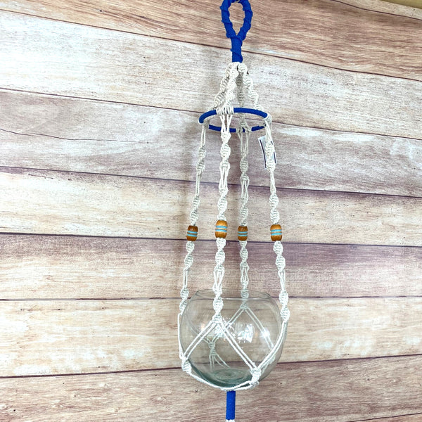 handmade plant hanger with tier ring, cobalt accents, and vintage wood beads