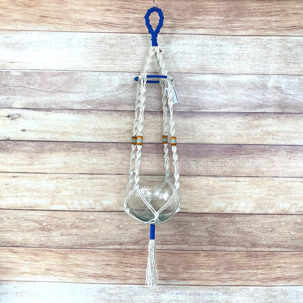 handmade plant hanger with tier ring, cobalt accents, and vintage wood beads