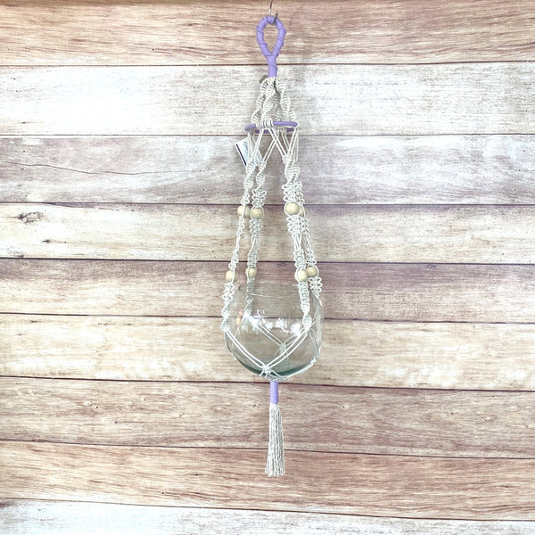 twist and loop design handmade macrame plant hanger with lavender and 4" ring