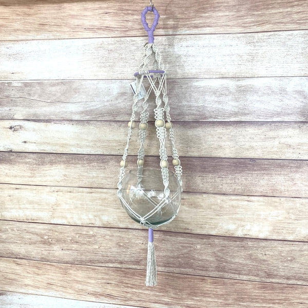 twist and loop design handmade macrame plant hanger with lavender and 4" ring