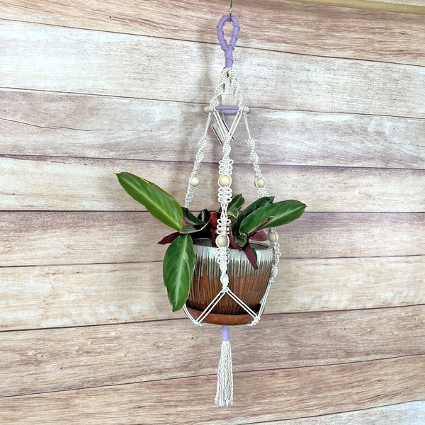 twist and loop design handmade macrame plant hanger with lavender and 4" ring