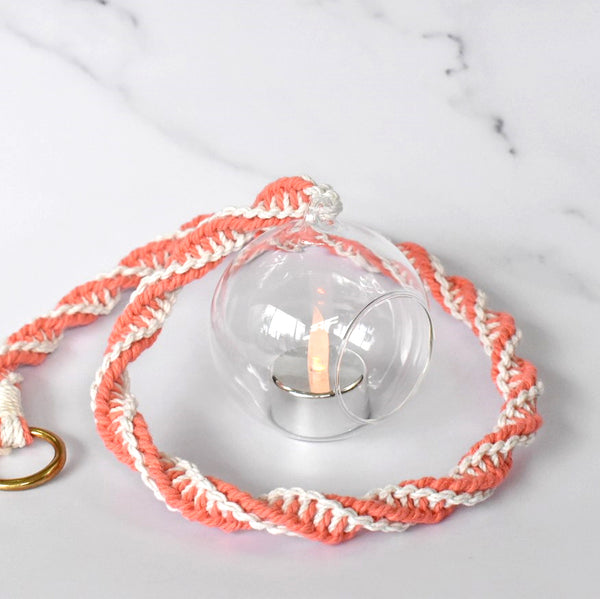 hanging terrarium globes double twist macrame rope salmon orange