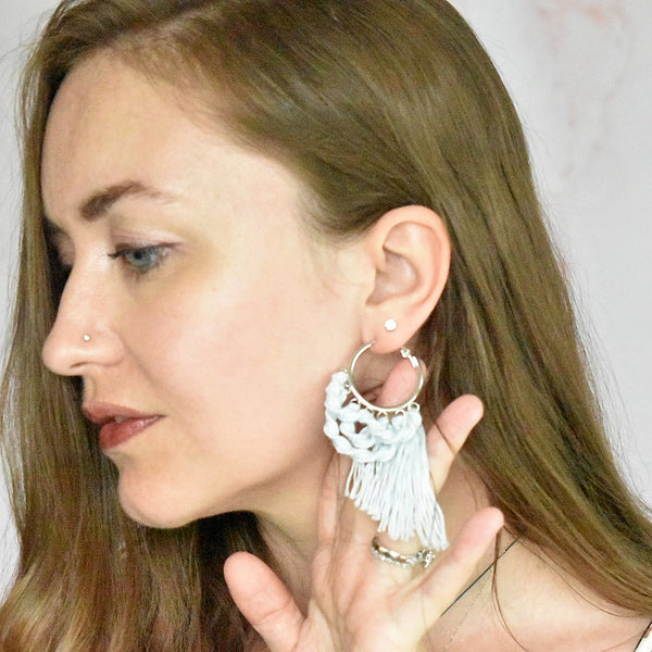 twisted macrame swag and fringe hoop earrings