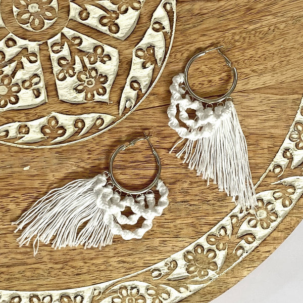 twisted macrame swag and fringe hoop earrings