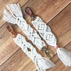 white soft cotton macrame key chains key fobs